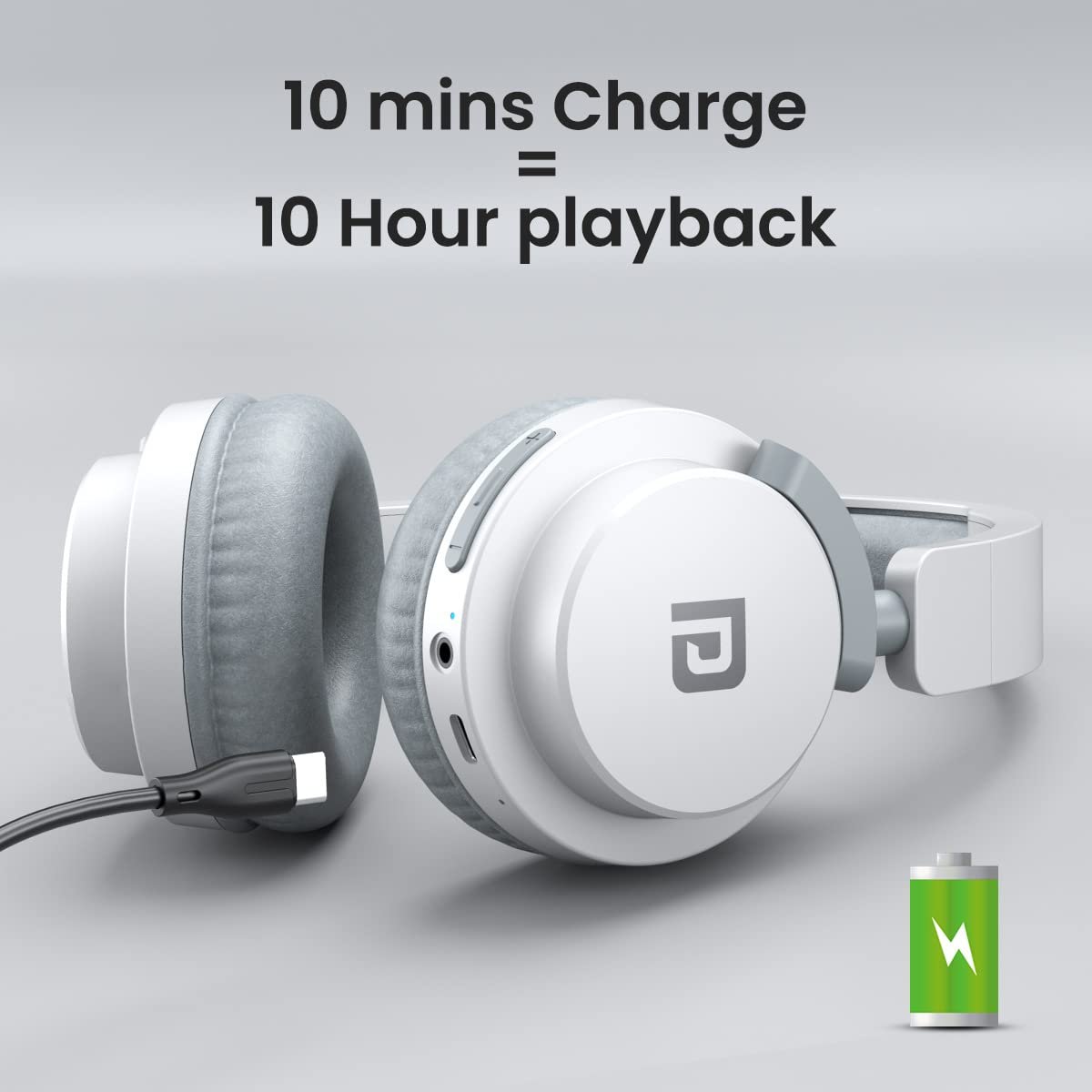 Portronics Muffs M2 Bluetooth Headphones Over ear with Upto 40 Hrs Playtime, 40mm Dynamic Drivers, AUX 3.5mm, Powerful Bass,Type C Charging Port, Foldable Design(White) - Image 9