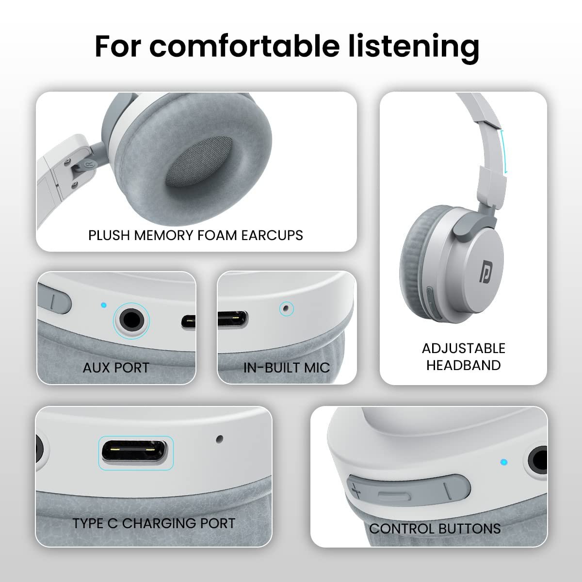 Portronics Muffs M2 Bluetooth Headphones Over ear with Upto 40 Hrs Playtime, 40mm Dynamic Drivers, AUX 3.5mm, Powerful Bass,Type C Charging Port, Foldable Design(White) - Image 8