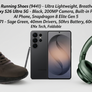 Centrino Men's Running Shoes | Ultra Lightweight & Breathable | Comfortable Walking & Workout Sneakers | Cushioned Casual Sports Shoes (9441) Samsung Galaxy S26 Ultra 5G (Black, 12GB RAM, 256GB Storage) with Built-in Privacy Display, AI Phone, Photo Assist, Creative Studio, 200MP Camera, 5000mAh Battery and Snapdragon 8 Elite Gen 5 Boat Rockerz 371, 40mm Drivers, 50hrs Battery, 60ms Low Latency, ENx Tech, BT v5.4, Foldable Cups, Voice Assistant, Bluetooth Headphones, Wireless Headphone with Mic (Sage Green)