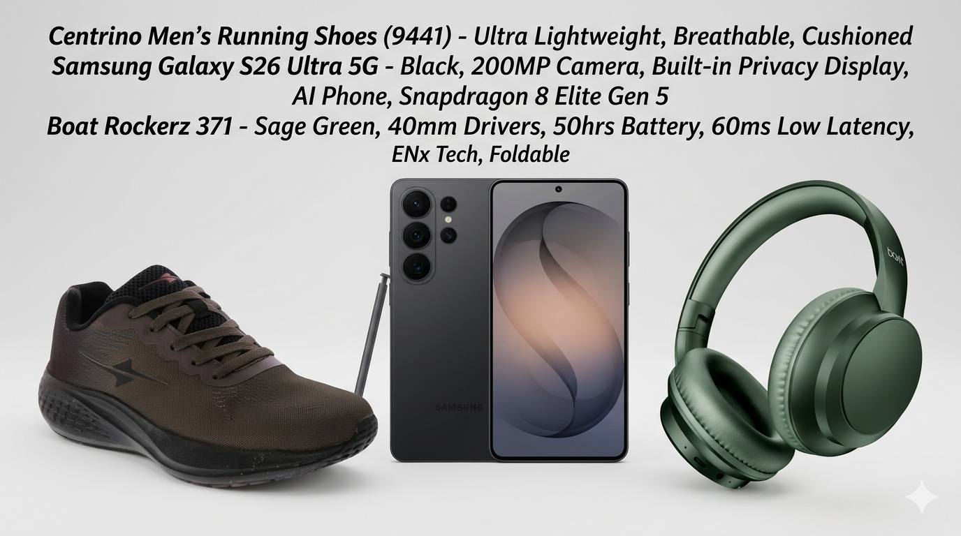 Centrino Men's Running Shoes | Ultra Lightweight & Breathable | Comfortable Walking & Workout Sneakers | Cushioned Casual Sports Shoes (9441) Samsung Galaxy S26 Ultra 5G (Black, 12GB RAM, 256GB Storage) with Built-in Privacy Display, AI Phone, Photo Assist, Creative Studio, 200MP Camera, 5000mAh Battery and Snapdragon 8 Elite Gen 5 Boat Rockerz 371, 40mm Drivers, 50hrs Battery, 60ms Low Latency, ENx Tech, BT v5.4, Foldable Cups, Voice Assistant, Bluetooth Headphones, Wireless Headphone with Mic (Sage Green)